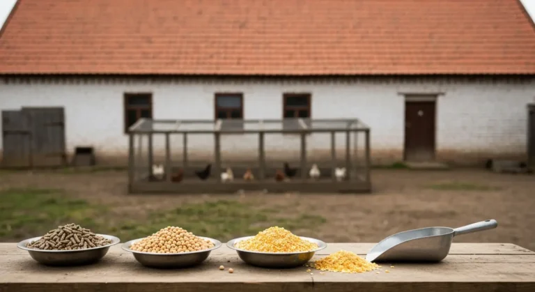 Miski z paszą pełnoporcjową, śrutą sojową i kukurydzą na drewnianym stole przed wiejskim kurnikiem