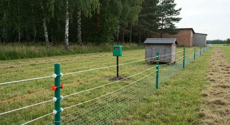 Elektryczny pastuch na zielonych slupkach wzdluz siatki wybiegu dla kur przy drewnianym kurniku na wiejskiej dzialce