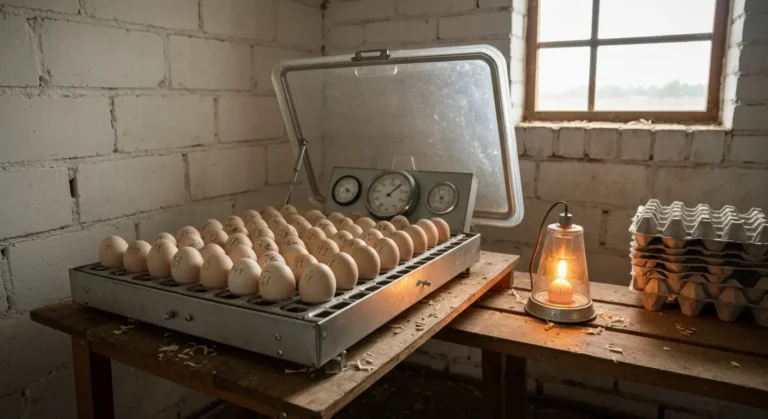 Inkubator z tackami jaj indyczych oznaczonych numerami partii, obok higrometr i lampa do przeswietlania w gospodarskiej