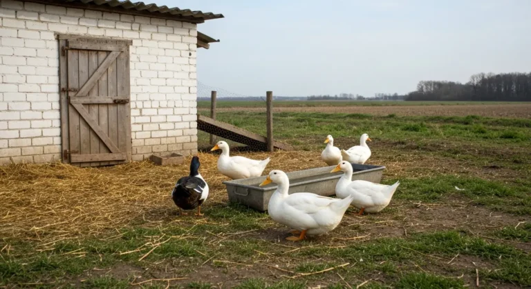 Bialе kaczki pekin i kaczka pizmowa przy poidle na wybiegu obok murowanego kurnika na wiejskim podworzu