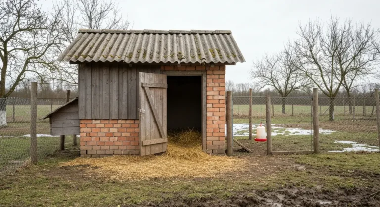 Wiejski kurnik wiosna po zimie - drewniany budynek z otwartymi drzwiami, swieza sciolka i ogrodzony siatka wybieg