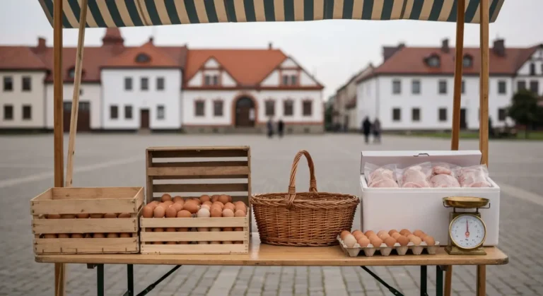 Stoisko na wiejskim targowisku ze skrzynkami jaj i schlodzonym miesem drobiowym pod plocienna markiza