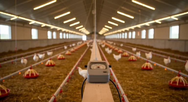 Wnetrze kurnika z rzedami lamp LED, linia poideł i karmideł oraz sciolka na podlodze