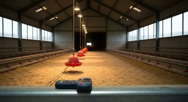 Wnetrze indycznika z rzedem przyciemnianych lamp LED nad sciolka, linia poideł i karmidło oraz luksomierz na barierce