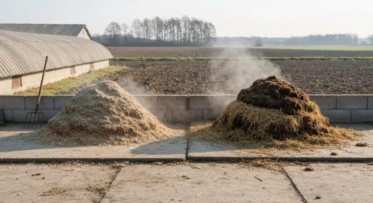Dwie pryzmy nawozu naturalnego na płycie gnojowej - jaśniejszy pomiot drobiowy ze ściółką i ciemniejszy obornik ze słomą