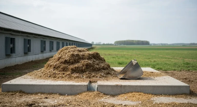 Pryzma pomiotu kurzego ze sciolka na betonowej plycie obok kurnika na polskiej fermie drobiu