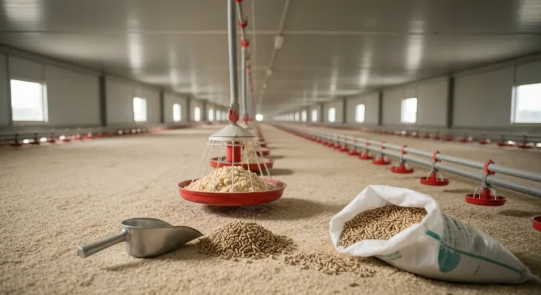 Karmidła z paszą starter i grower oraz linia poideł w kurniku dla brojlerów na ściółce z wiórów