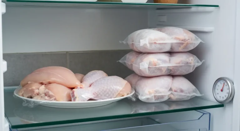 Surowe piersi i podudzia kurczaka na talerzu w otwartej lodowce obok zamrozonych porcji drobiu i termometru