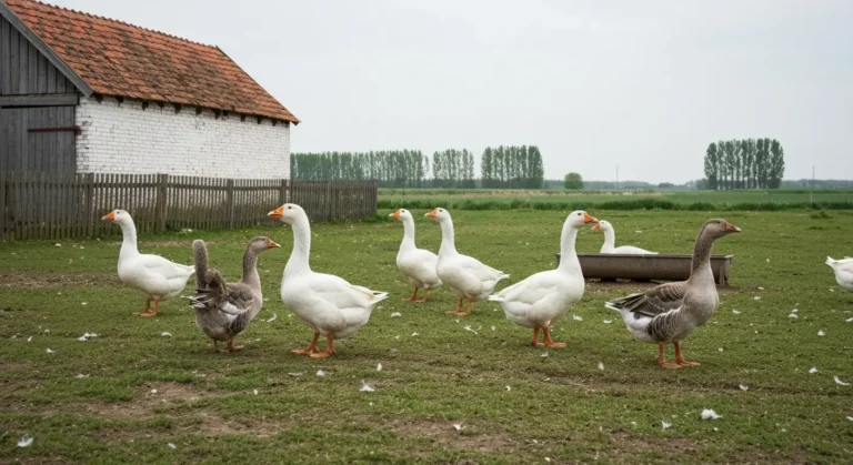 Stado bialych i szarych gesi na zielonym pastwisku przy drewnianym plocie i starej stodole na wiejskim gospodarstwie