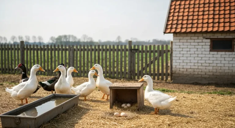 Kaczki pekin i kaczka pizmowa w zagrodzie na sciolce ze slomy, obok drewniane gniazdo z jajami wylegowymi