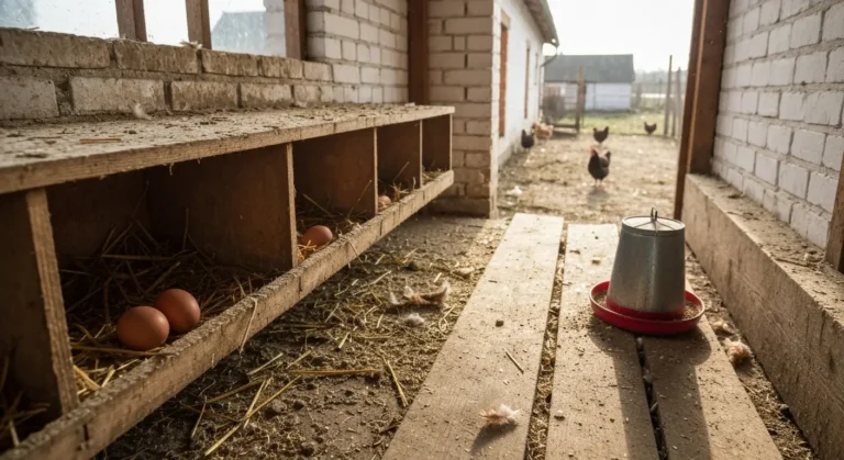 Wnetrze wiejskiego kurnika ze skrzynkami gniazdowymi wyscielonymi sloma, tylko dwa jajka w jednym gniezdzie, obok karmni