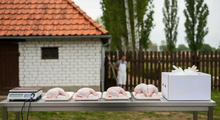 Swieze mieso drobiowe na tacach i stole ze stali nierdzewnej przy chlodziarce na podworzu gospodarstwa