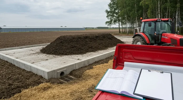 Pryzma pomiotu drobiowego na betonowej plycie ze szczelnym odplywem, obok rozrzutnik i zeszyt ewidencji na tle kurnika i