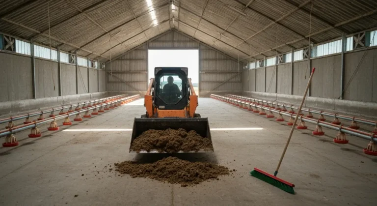 Miniladowarka wybierajaca pomiot i sciolke z opustoszalego kurnika, podniesione linie pojenia i karmienia