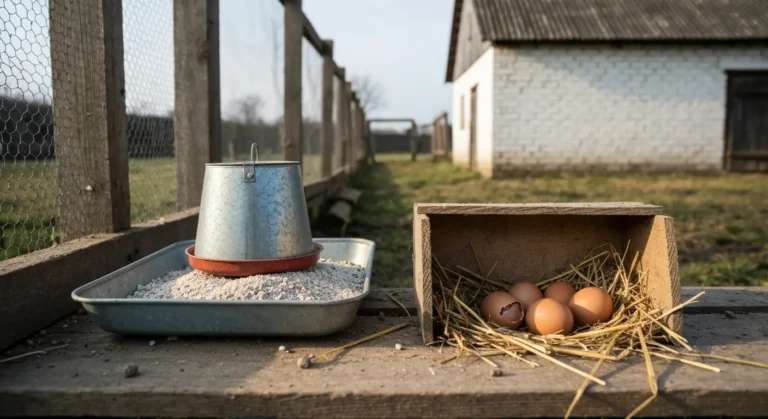 Karmnik z rozdrobnionymi muszlami i granulatem obok gniazda ze slomą i brązowymi jajami, jedno z cienką skorupą, przy dr