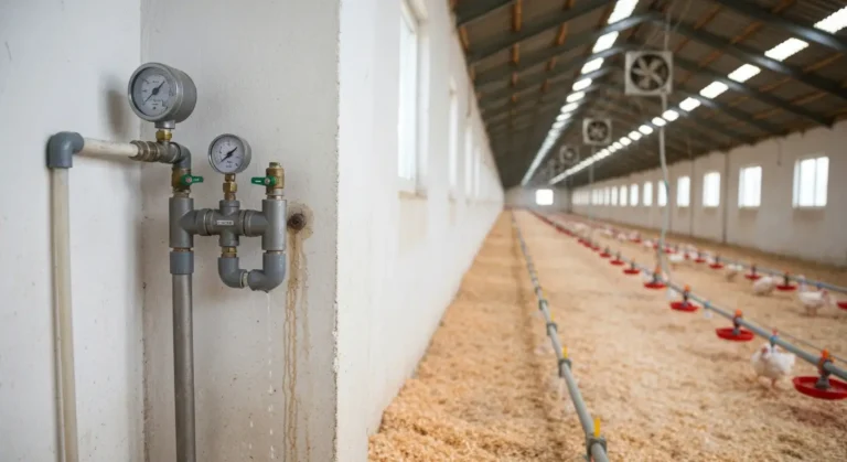 Wodomierz i zawory na instalacji wodnej w kurniku, obok linia poideł kropelkowych nad ściółką