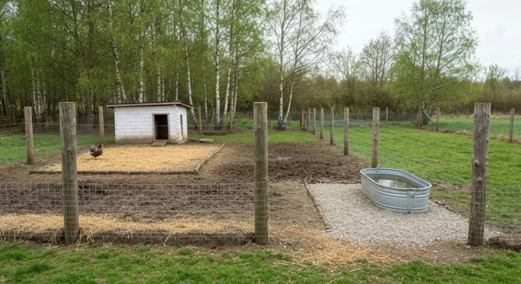 Wybieg dla kaczek – powierzchnia, ogrodzenie i ochrona przed drapieżnikami