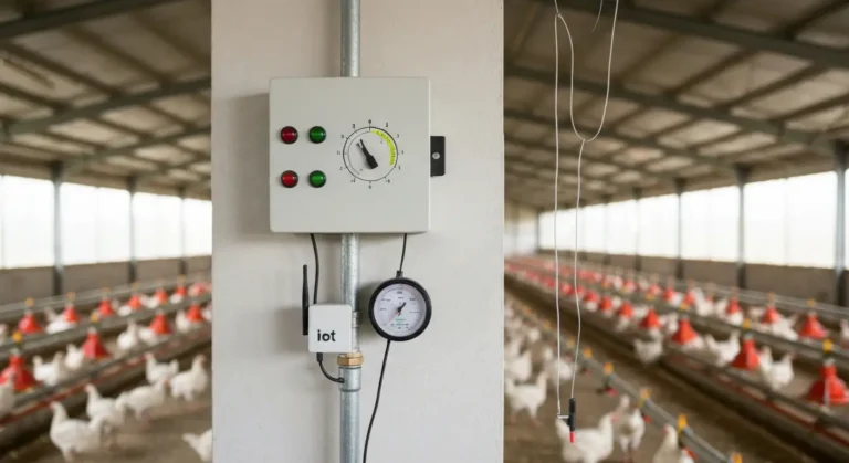 Sterownik klimatu, bramka IoT i wodomierz w nowoczesnym kurniku, w tle wentylatory i linie paszowe