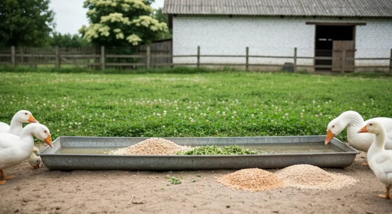 Metalowe koryto z paszą i zielonką oraz poidło na podwórku gospodarstwa, obok białe gęsi i gąsięta na tle pastwiska i st