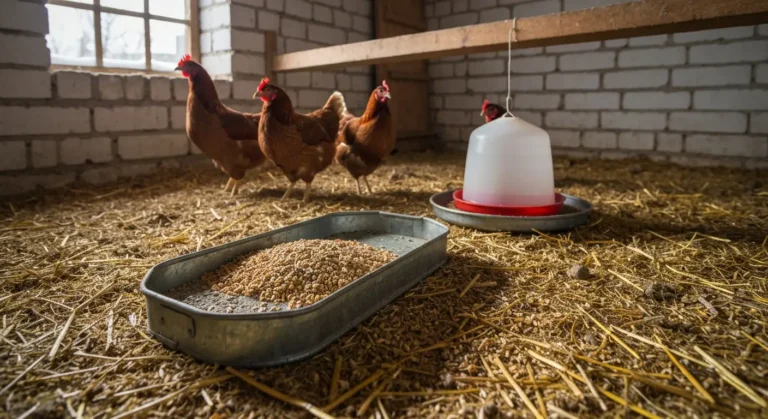 Metalowy karmnik z paszą i poidło z lodem na suchej ściółce w zimowym kurniku, w tle dwie kury i grzęda
